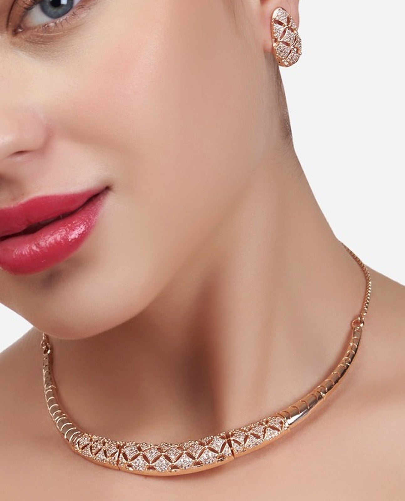 Jewel City Rose-Gold Plated White CZ-Studded Jewellery Set