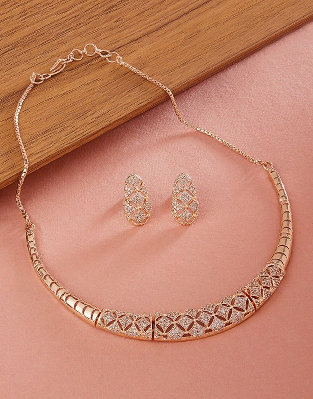 Jewel City Rose-Gold Plated White CZ-Studded Jewellery Set