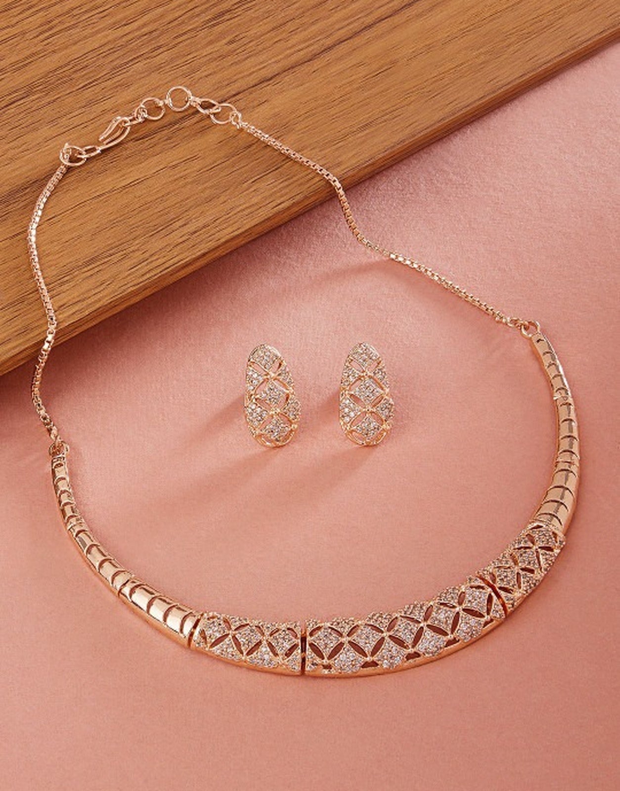 Jewel City Rose-Gold Plated White CZ-Studded Jewellery Set