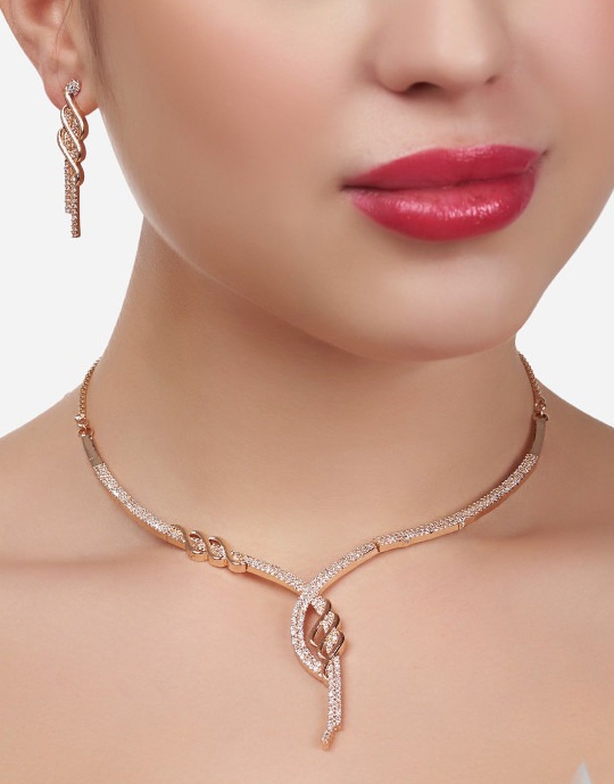 Jewel City Rose-Gold Plated White CZ-Studded Jewellery Set
