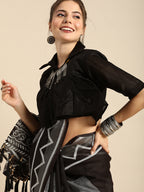 Sangria Black Printed Pure Linen Saree - Distacart