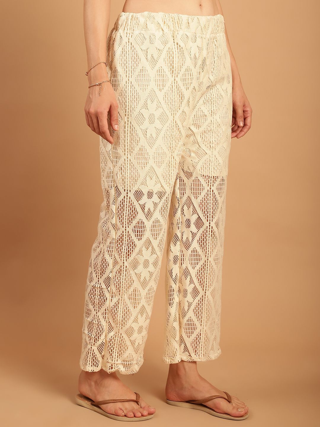 TAG 7 Women Geometric Self Design Sheer With Half Lining Crochet Wide Leg Palazzos