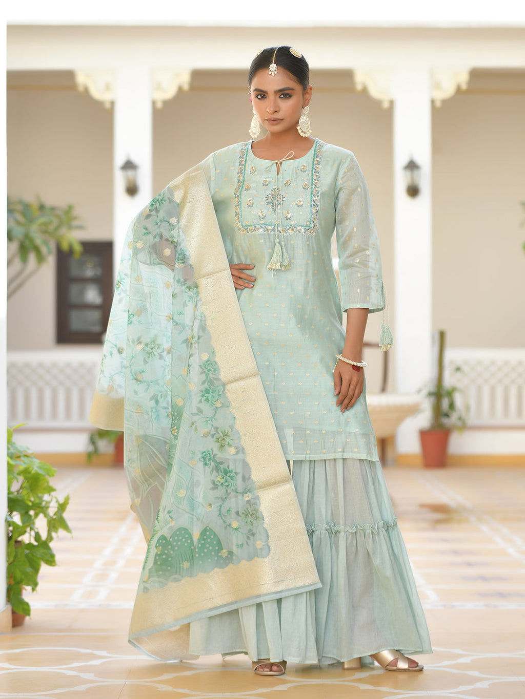 Vaasva Women's Aqua Marine Chanderi Sharara Set - Distacart