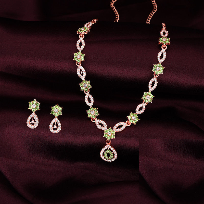 Tehzeeb Creations Elegant Sea Green Polished American Diamond (Ad) Studded Necklace And Earring Set For Women
