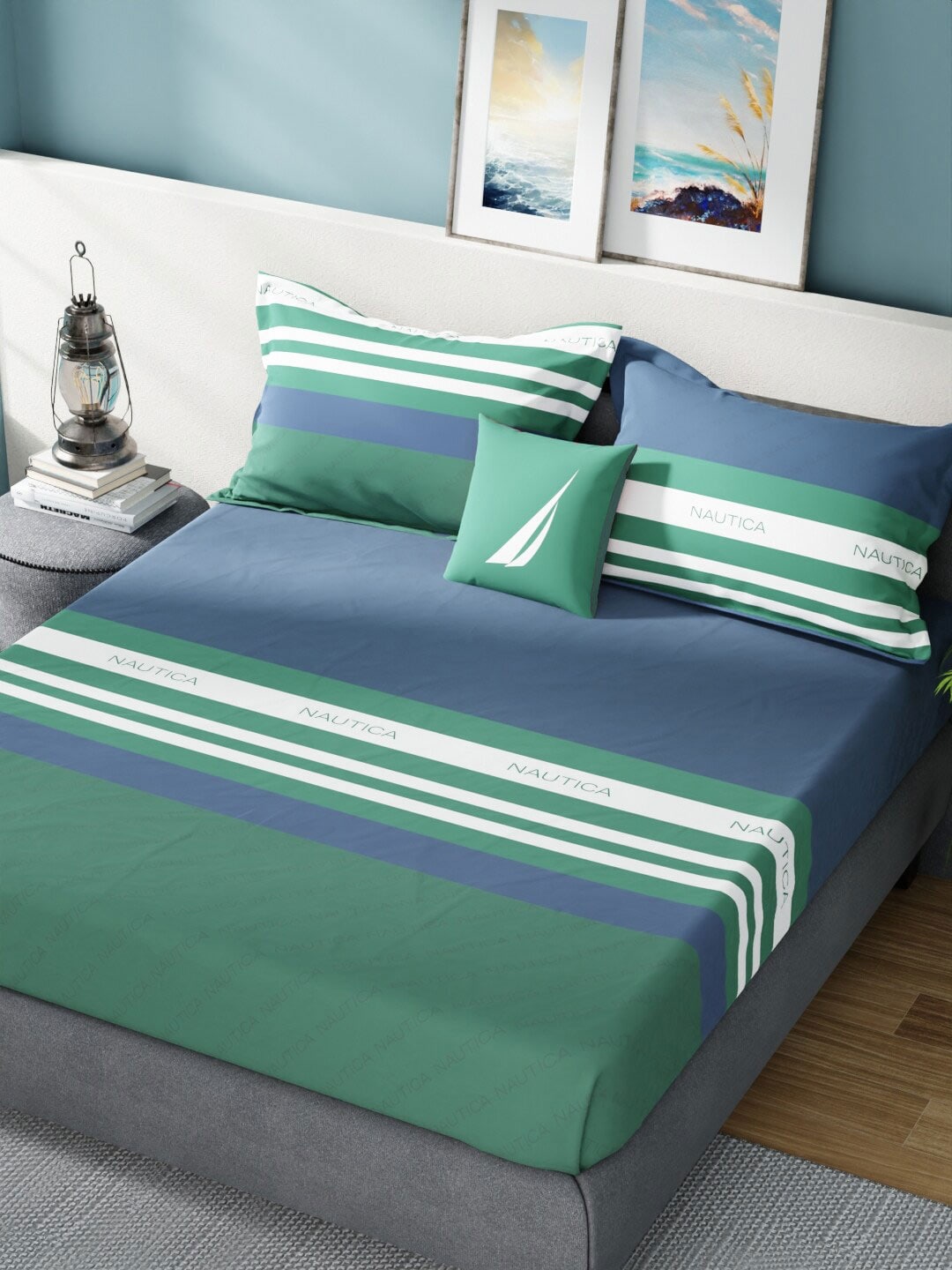 Nautica Bradford Blue & Green Striped 160 TC Pure Cotton King Bedsheet & 2 Pillow Covers