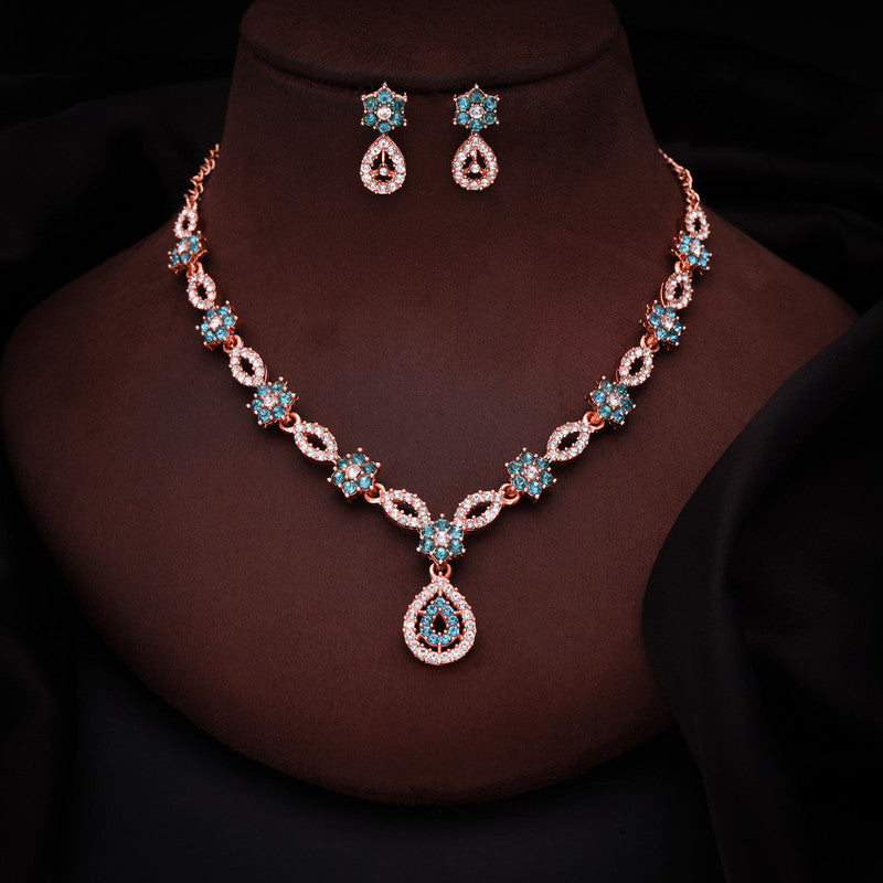 Tehzeeb Creations Elegant Sky Blue Polished American Diamond (Ad) Studded Necklace And Earring Set For Women