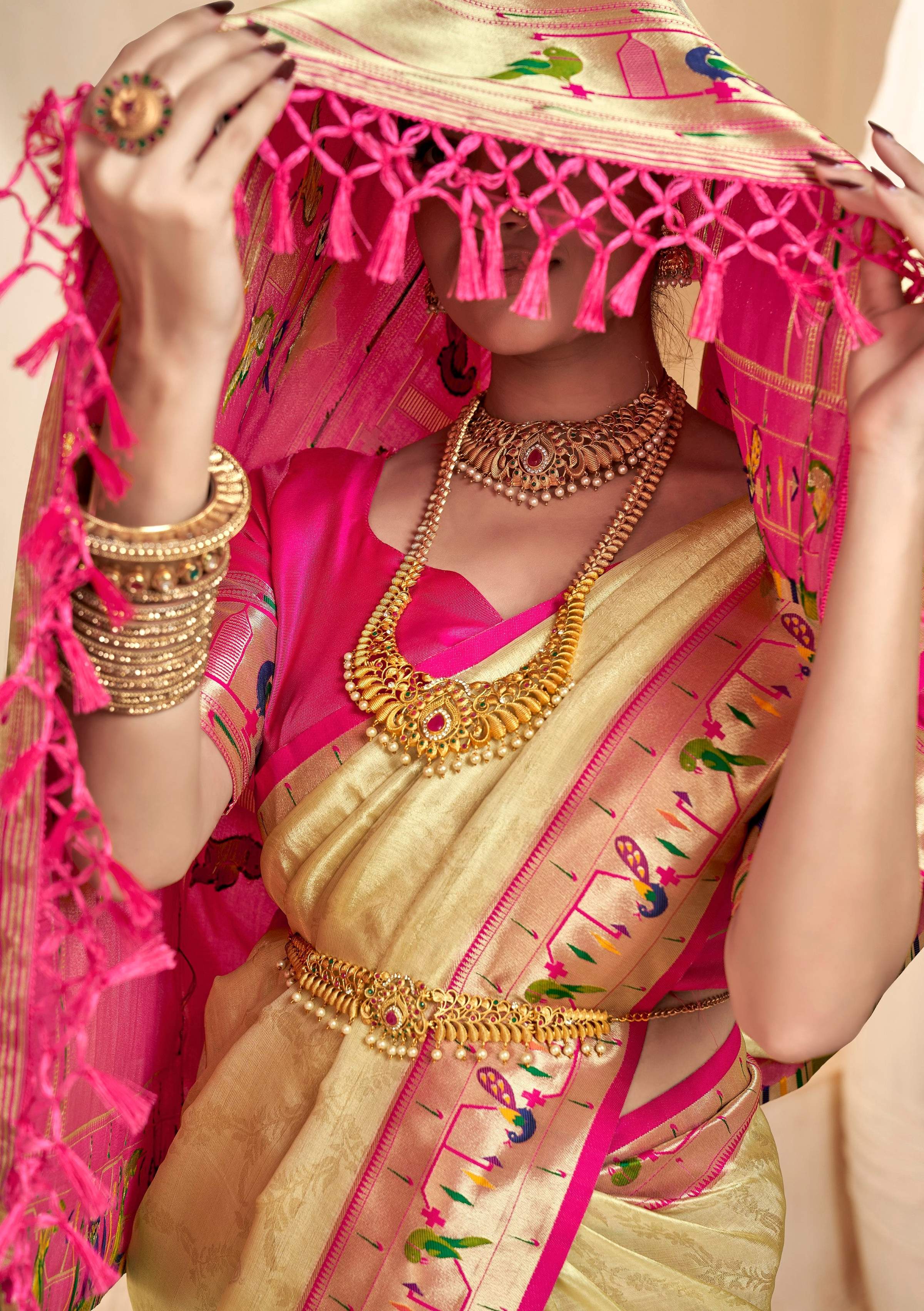 Anaita Cream Designer Weaving Pure Paithani Tissue Silk Saree With Blouse - Distacart