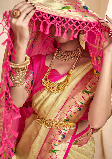 Anaita Cream Designer Weaving Pure Paithani Tissue Silk Saree With Blouse