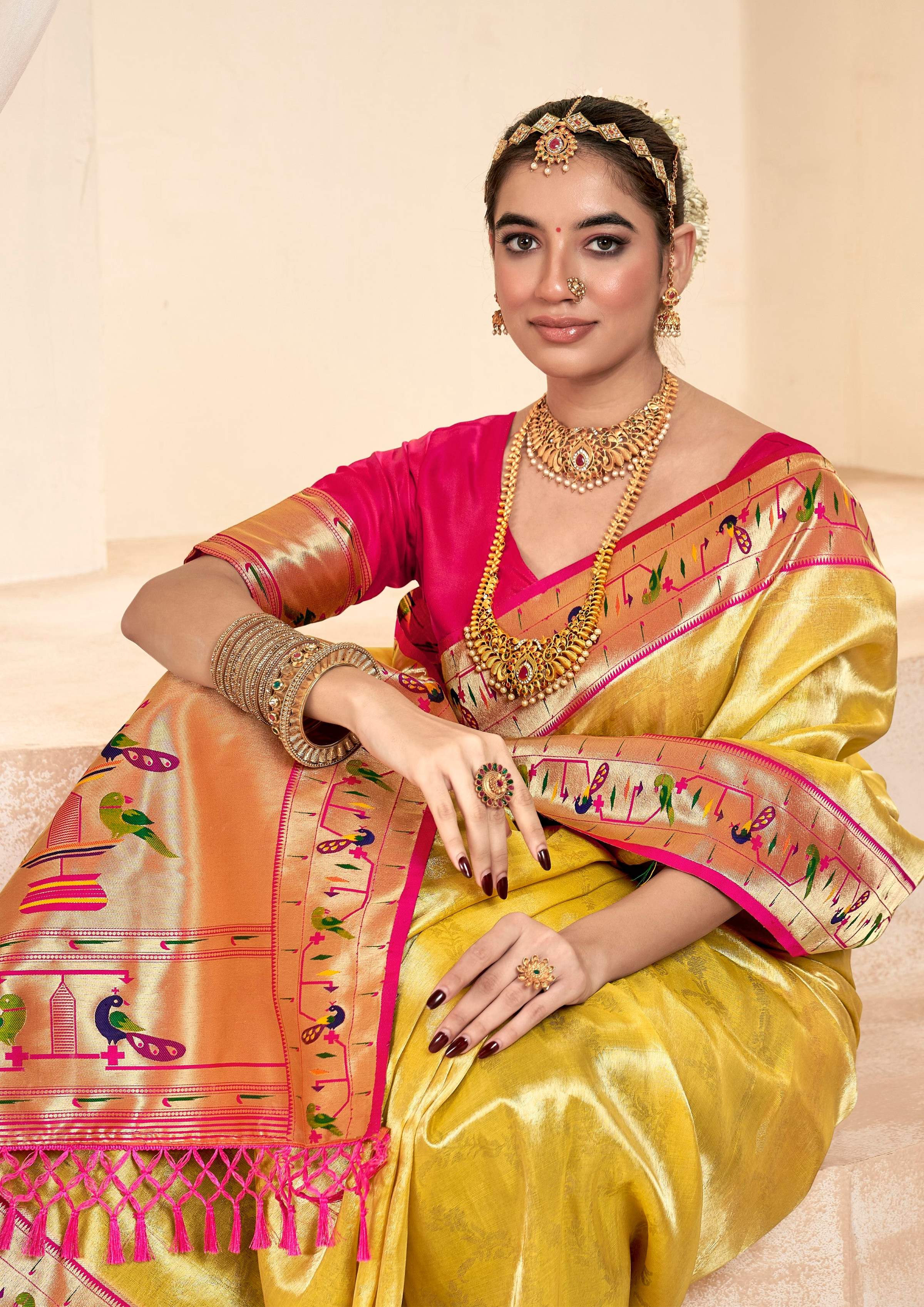 Anaita Yellow Designer Weaving Pure Paithani Tissue Silk Saree With Blouse - Distacart