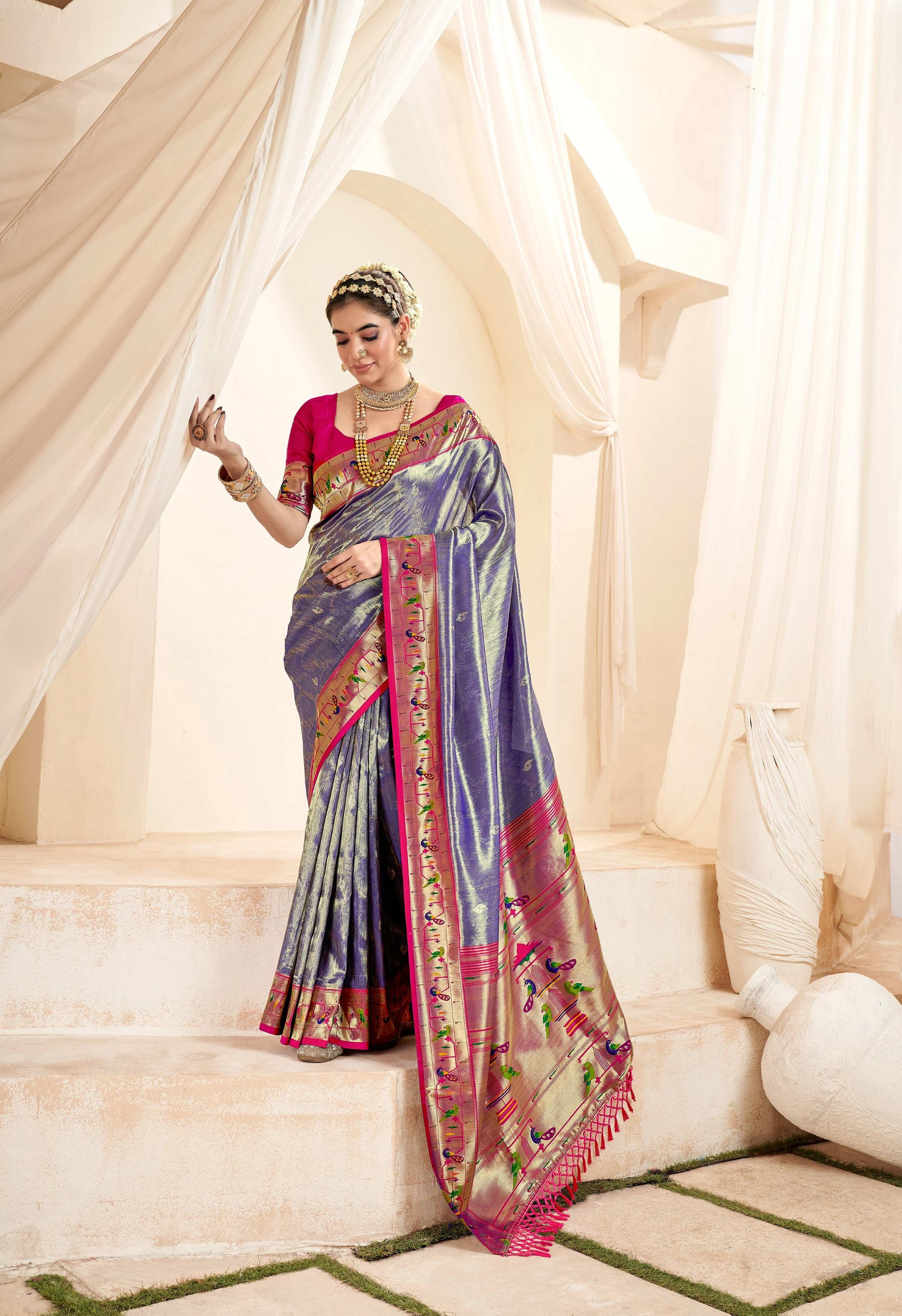 Anaita Blue Designer Weaving Pure Paithani Tissue Silk Saree With Blouse - Distacart