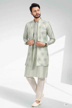 Raivat Ethnic Art Banarasi Silk Thread Work 3 Pics Jacket Set In Pista Green Colour
