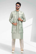Raivat Ethnic Art Banarasi Silk Thread Work 3 Pics Jacket Set In Pista Green Colour