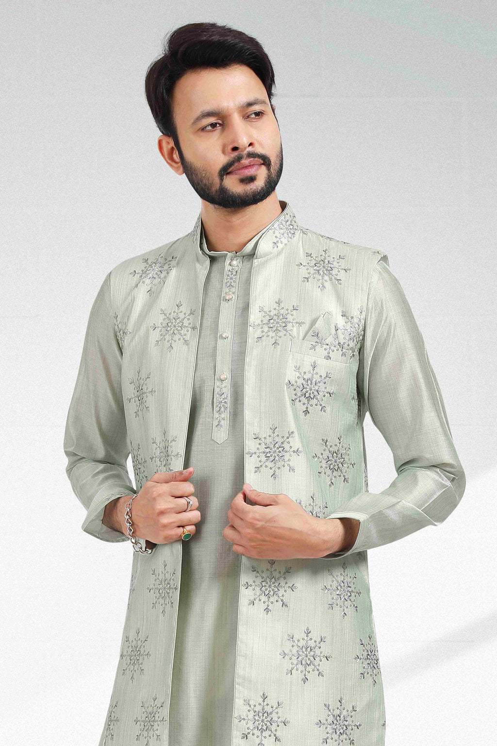 Raivat Ethnic Art Banarasi Silk Thread Work 3 Pics Jacket Set In Pista Green Colour