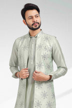 Raivat Ethnic Art Banarasi Silk Thread Work 3 Pics Jacket Set In Pista Green Colour