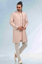 Raivat Ethnic Art Banarasi Silk Thread Work 3 Pics Jacket Set In Peach Colour