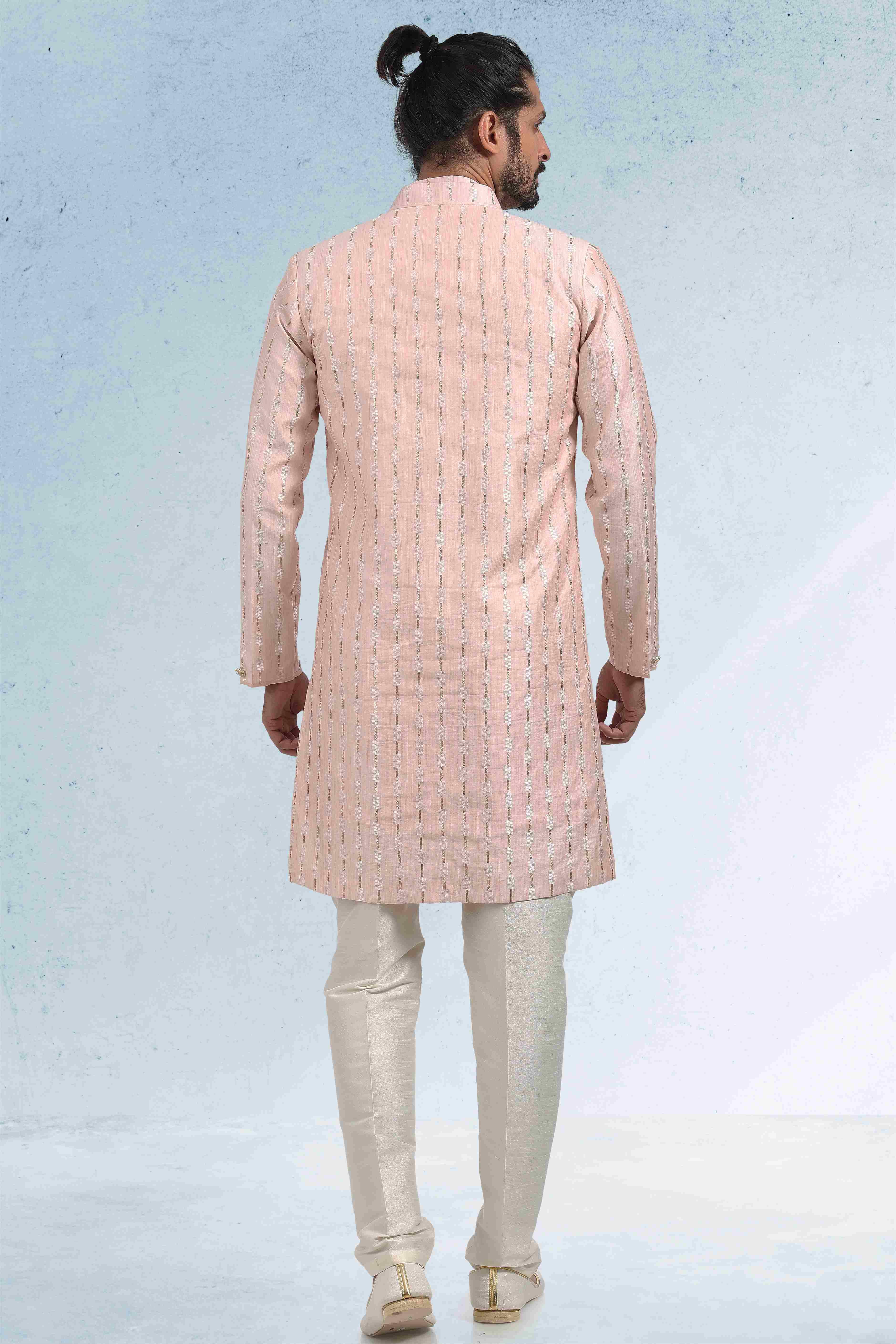 Raivat Ethnic Art Banarasi Silk Thread Work 3 Pics Jacket Set In Peach Colour