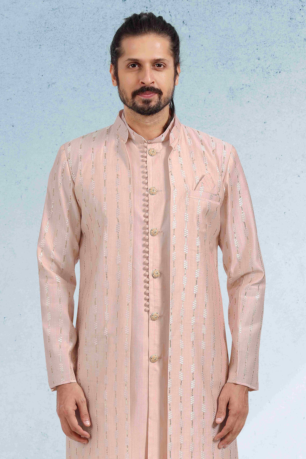 Raivat Ethnic Art Banarasi Silk Thread Work 3 Pics Jacket Set In Peach Colour
