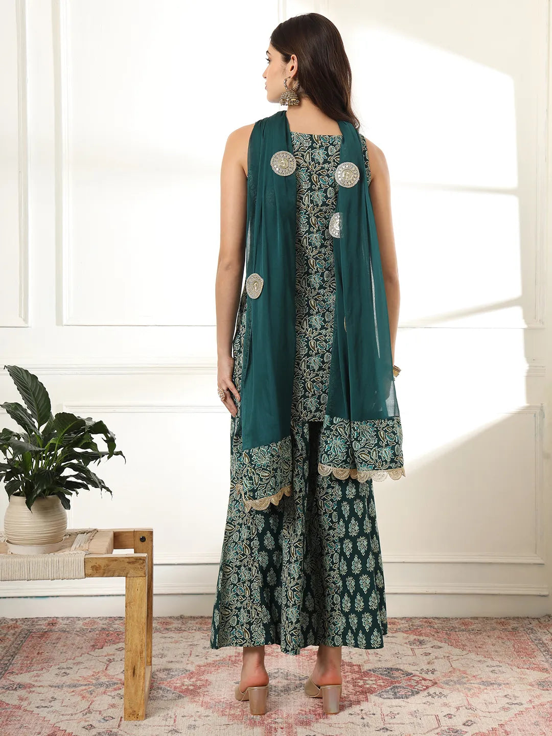Yufta Cotton Green Kurta Palazzo Set - Distacart