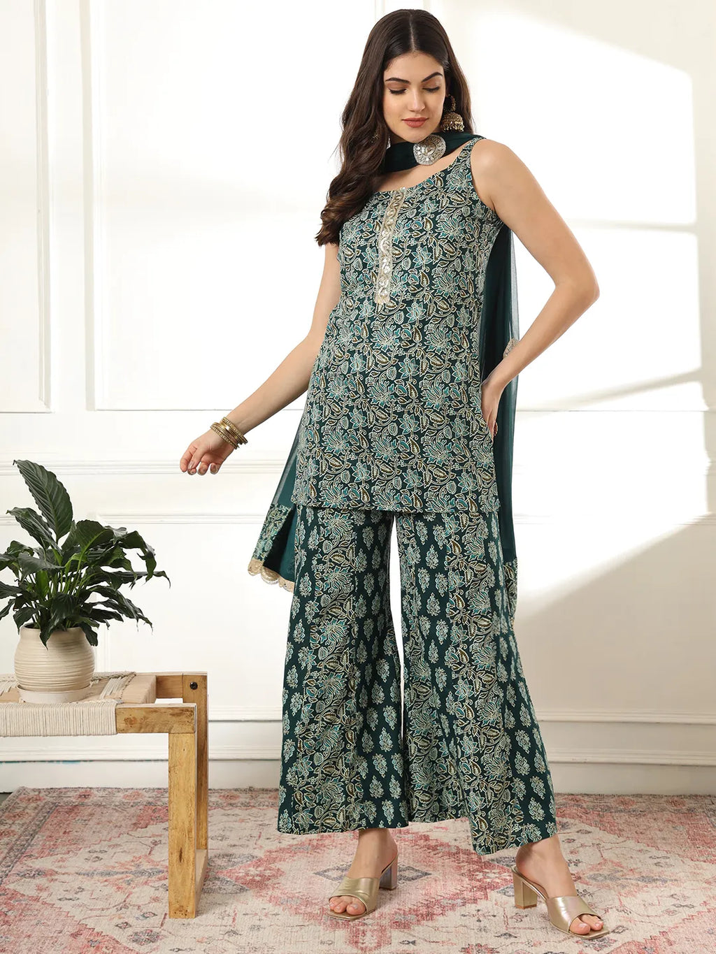 Yufta Cotton Green Kurta Palazzo Set - Distacart