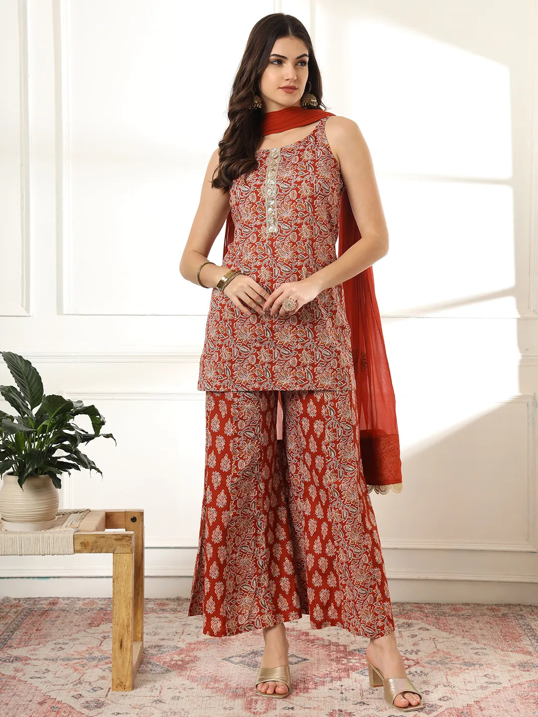 Yufta Cotton Rust Kurta Sharara Set - Distacart