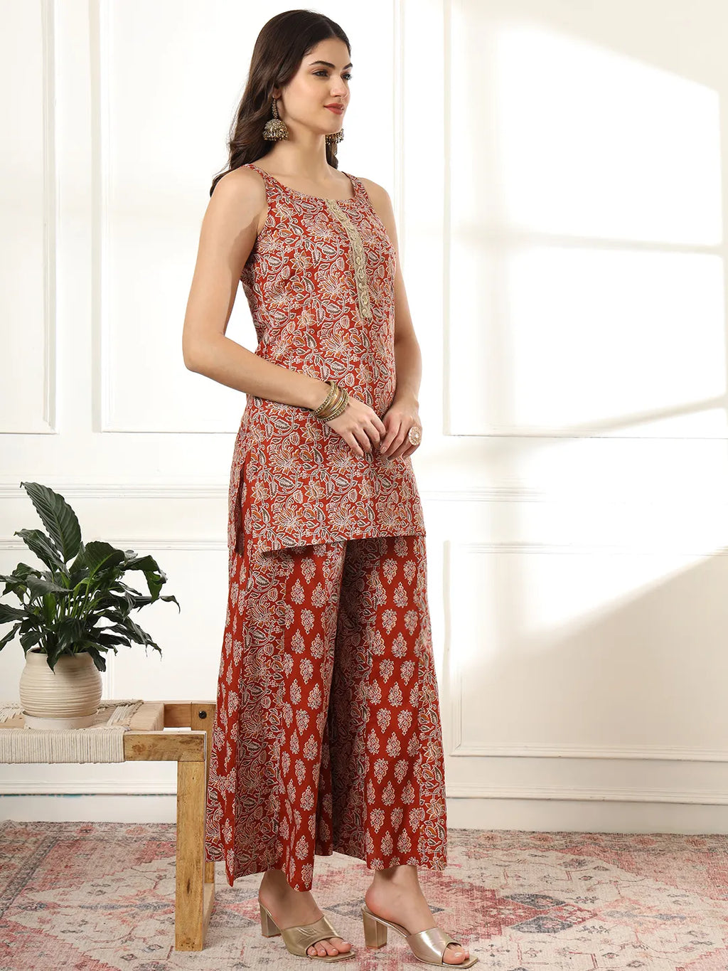 Yufta Cotton Rust Kurta Sharara Set - Distacart