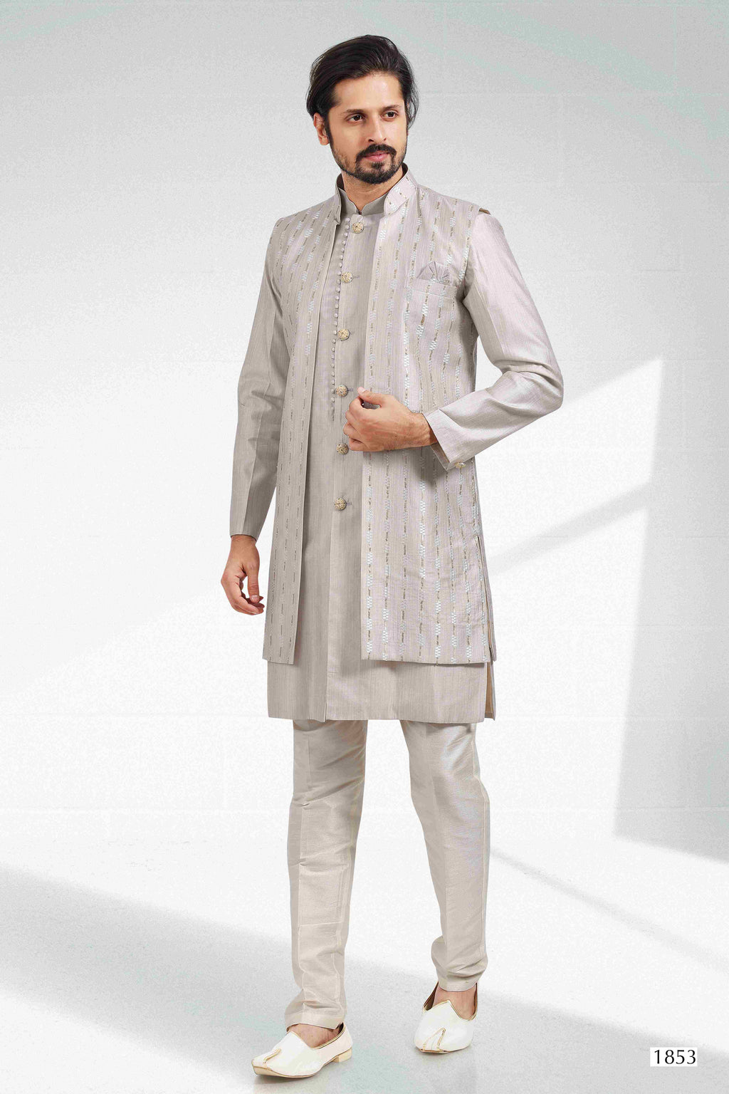 Raivat Ethnic Art Banarasi Silk Thread Work 3 Pics Jacket Set In Grey Colour