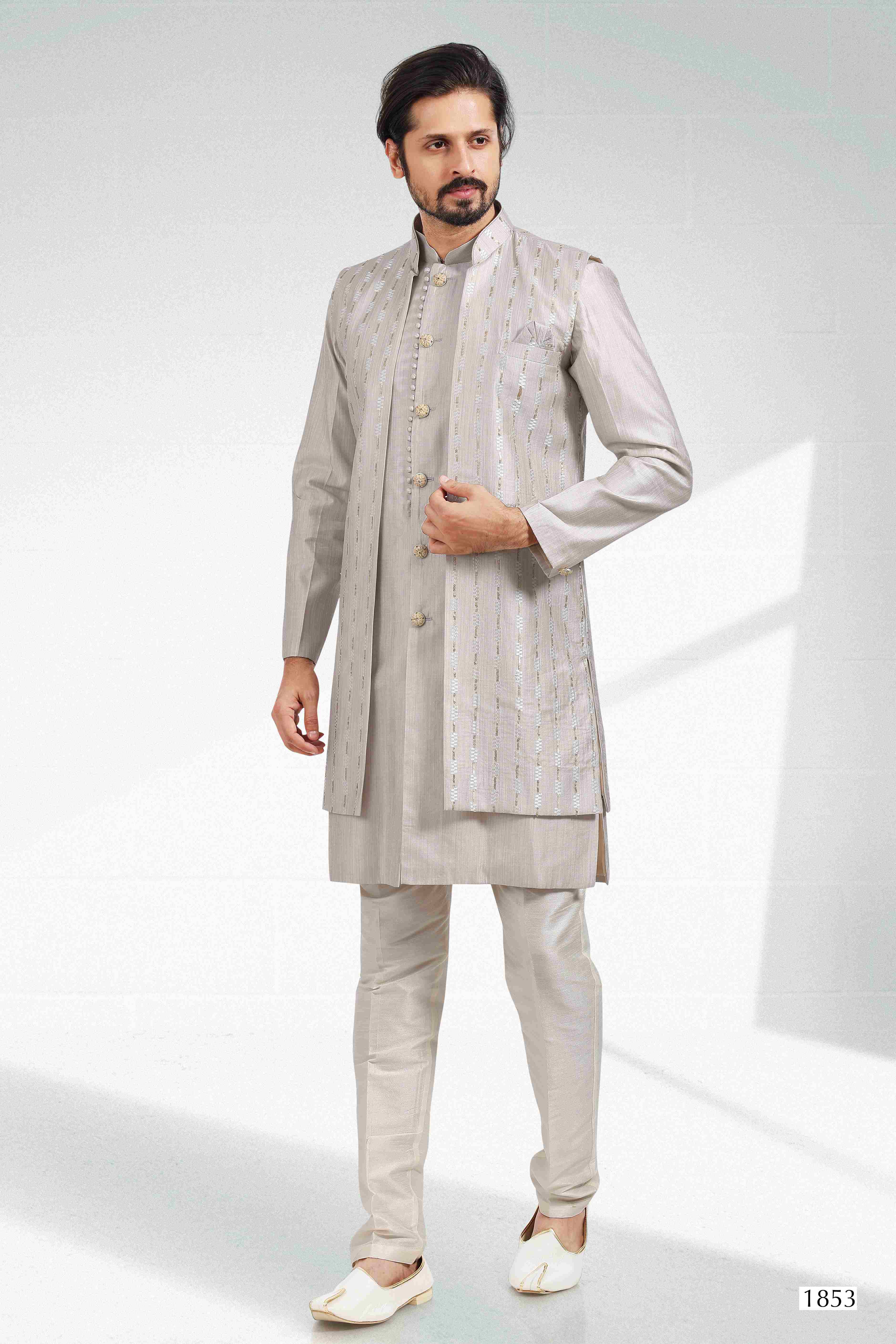 Raivat Ethnic Art Banarasi Silk Thread Work 3 Pics Jacket Set In Grey Colour