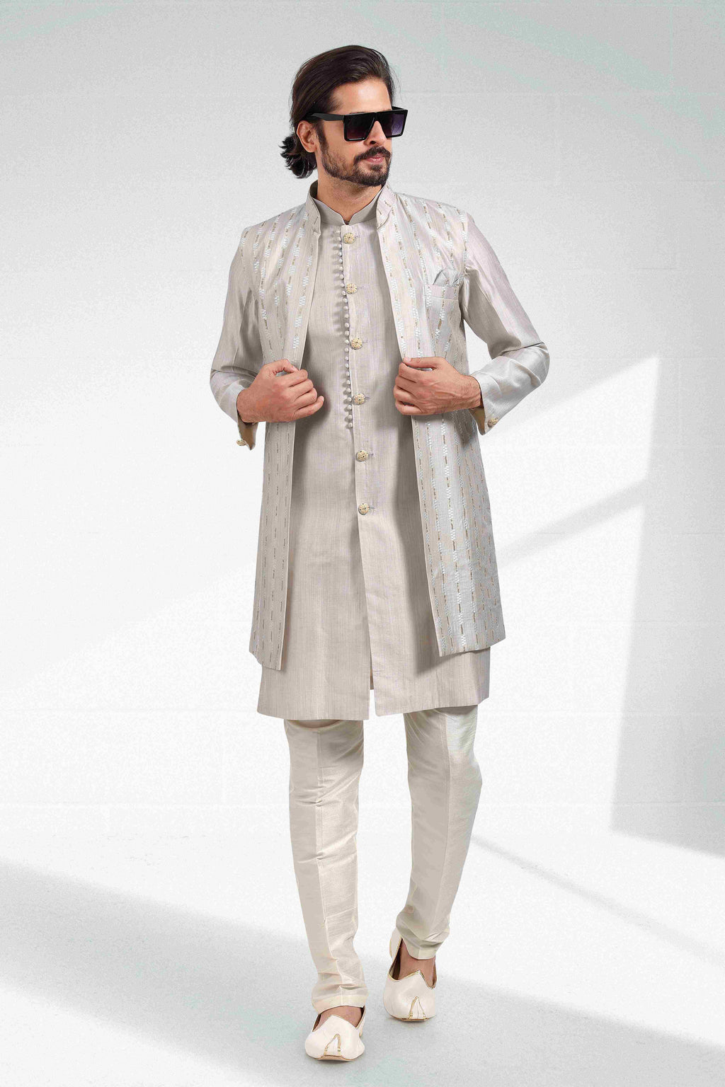 Raivat Ethnic Art Banarasi Silk Thread Work 3 Pics Jacket Set In Grey Colour