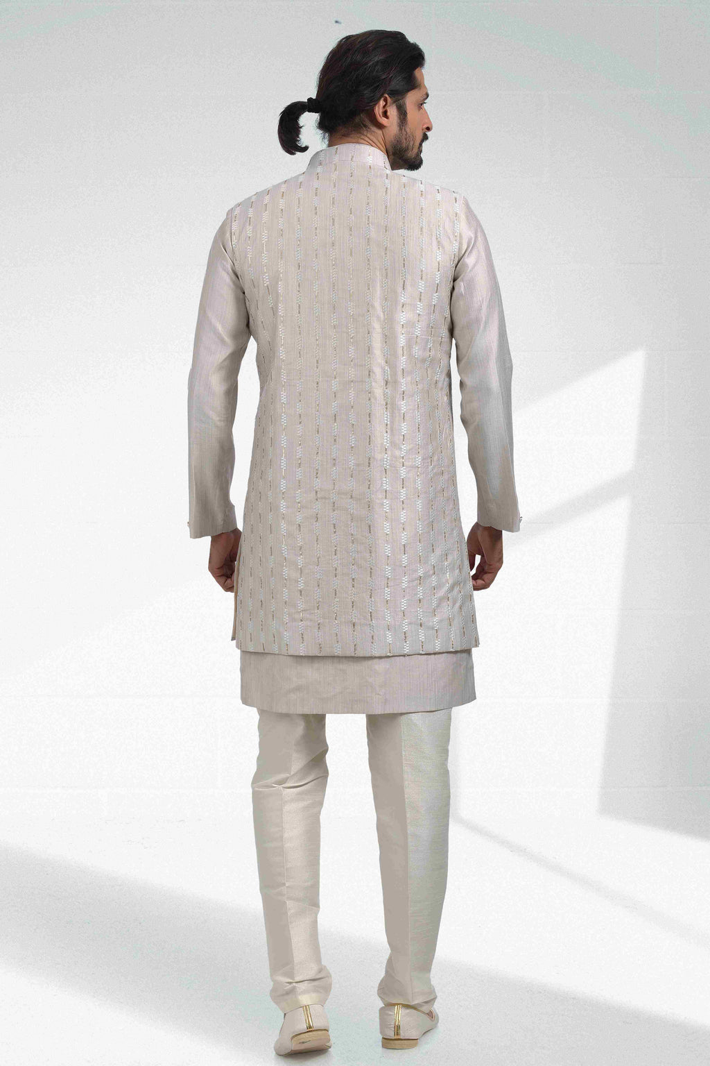 Raivat Ethnic Art Banarasi Silk Thread Work 3 Pics Jacket Set In Grey Colour