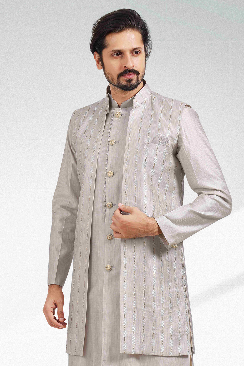 Raivat Ethnic Art Banarasi Silk Thread Work 3 Pics Jacket Set In Grey Colour