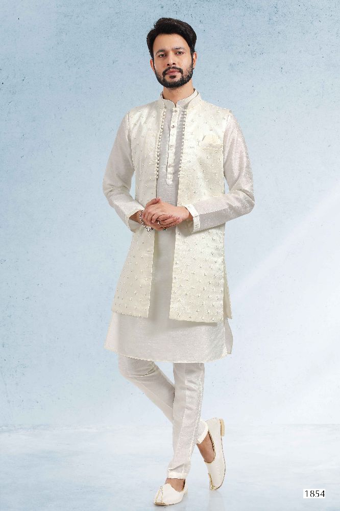 Raivat Ethnic Art Banarasi Silk Thread Work 3 Pics Jacket Set In Cream Colour