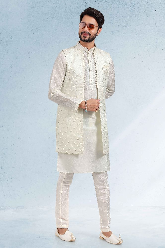 Raivat Ethnic Art Banarasi Silk Thread Work 3 Pics Jacket Set In Cream Colour
