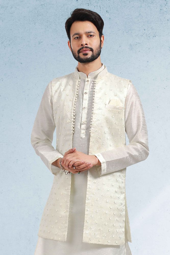 Raivat Ethnic Art Banarasi Silk Thread Work 3 Pics Jacket Set In Cream Colour