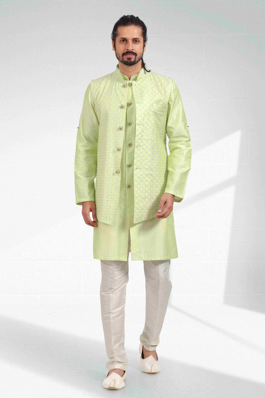 Raivat Ethnic Art Banarasi Silk Thread Work 3 Pics Jacket Set In Pista Green Colour