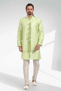 Raivat Ethnic Art Banarasi Silk Thread Work 3 Pics Jacket Set In Pista Green Colour