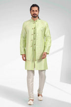 Raivat Ethnic Art Banarasi Silk Thread Work 3 Pics Jacket Set In Pista Green Colour