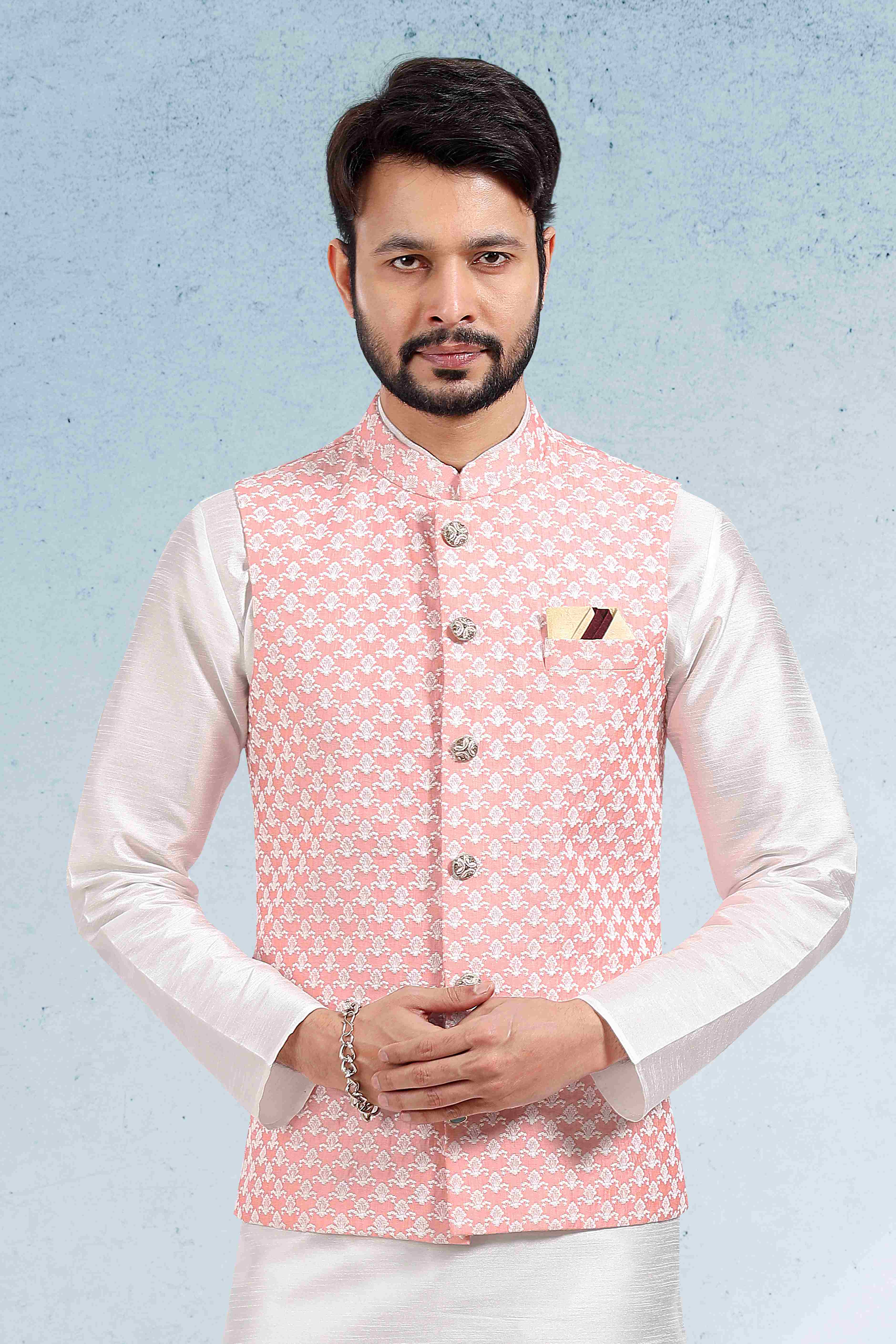 Raivat Ethnic Art Banarasi Silk Thread Work 3 Pics Jacket Set In Peach Colour