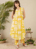 Indo Era Women Ethnic Motifs Printed Pleated Pure Cotton Kurta with Trousers - Distacart