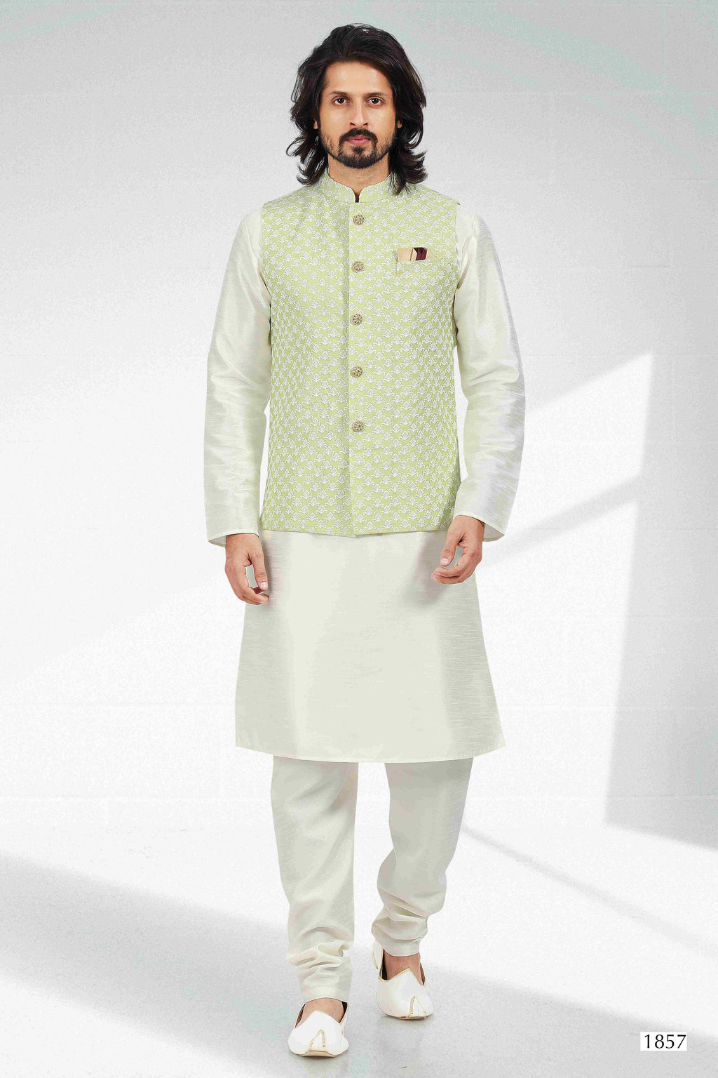 Raivat Ethnic Art Banarasi Silk Thread Work 3 Pics Jacket Set In Pista Green Colour