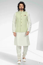 Raivat Ethnic Art Banarasi Silk Thread Work 3 Pics Jacket Set In Pista Green Colour
