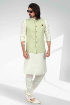 Raivat Ethnic Art Banarasi Silk Thread Work 3 Pics Jacket Set In Pista Green Colour