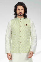 Raivat Ethnic Art Banarasi Silk Thread Work 3 Pics Jacket Set In Pista Green Colour