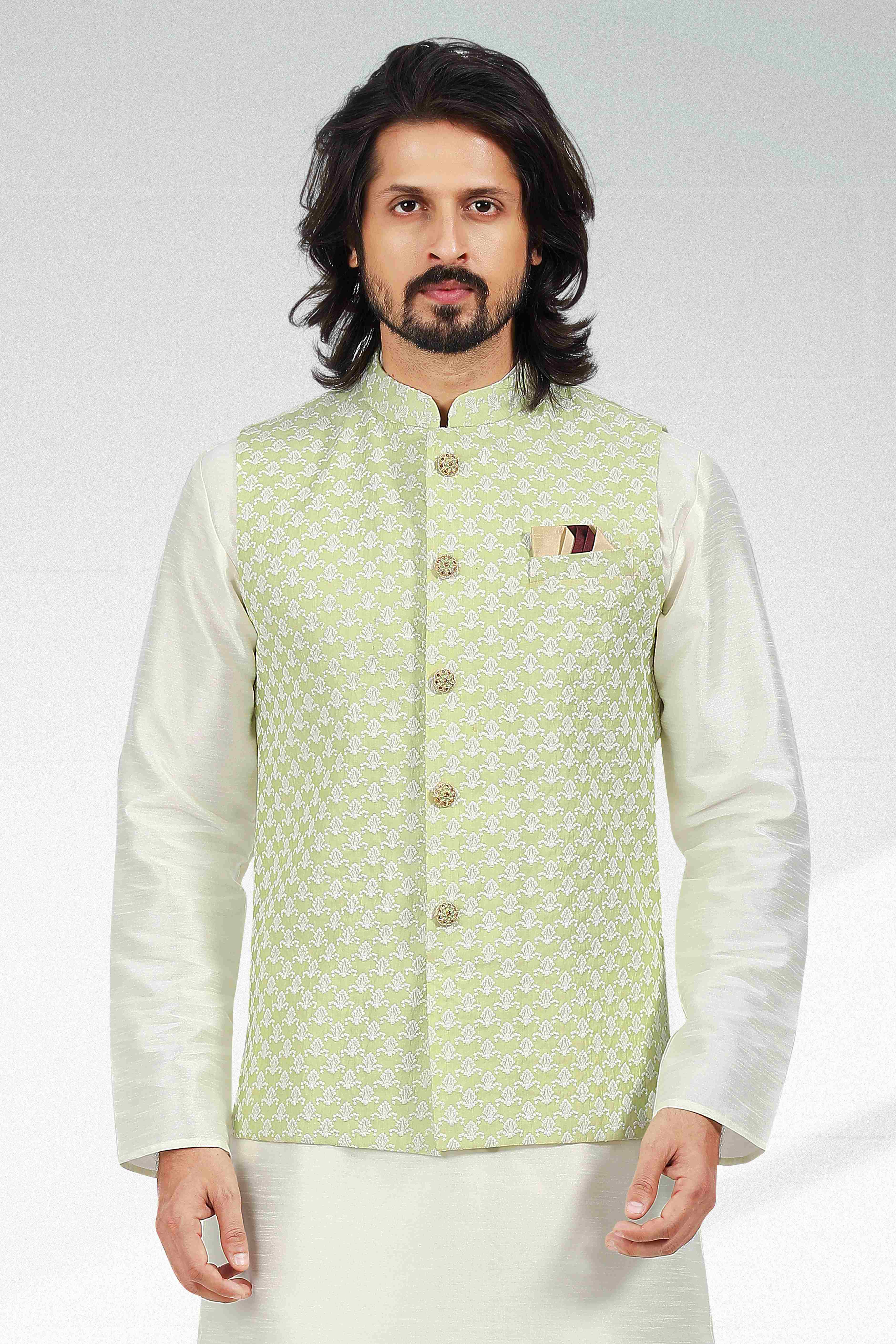 Raivat Ethnic Art Banarasi Silk Thread Work 3 Pics Jacket Set In Pista Green Colour