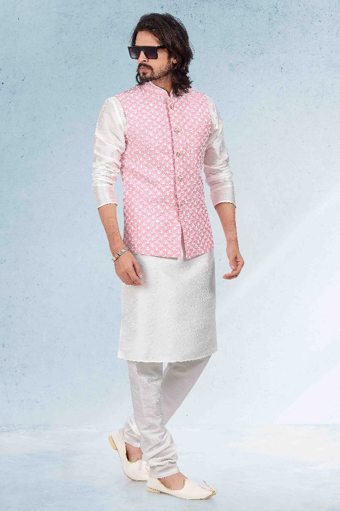 Raivat Ethnic Art Banarasi Silk Thread Work 3 Pics Jacket Set In Pink Colour