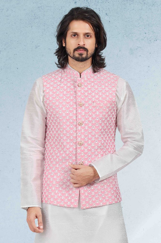 Raivat Ethnic Art Banarasi Silk Thread Work 3 Pics Jacket Set In Pink Colour