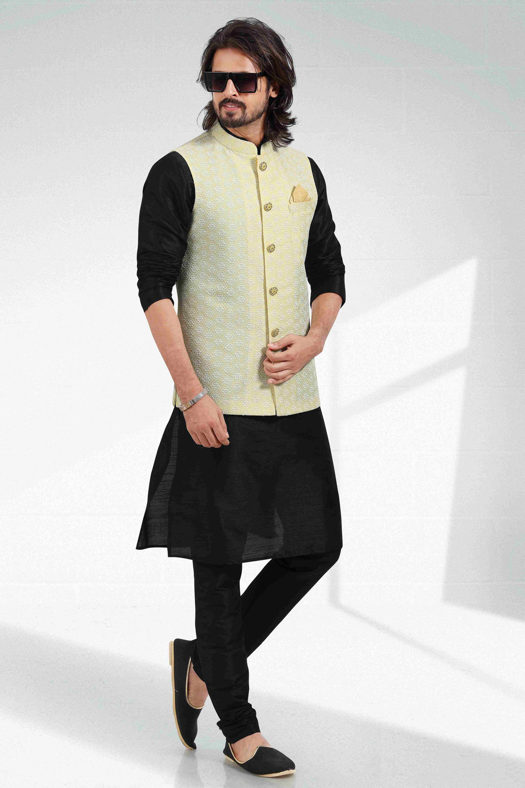 Raivat Ethnic Art Banarasi Silk Thread Work 3 Pics Jacket Set In Yellow Colour