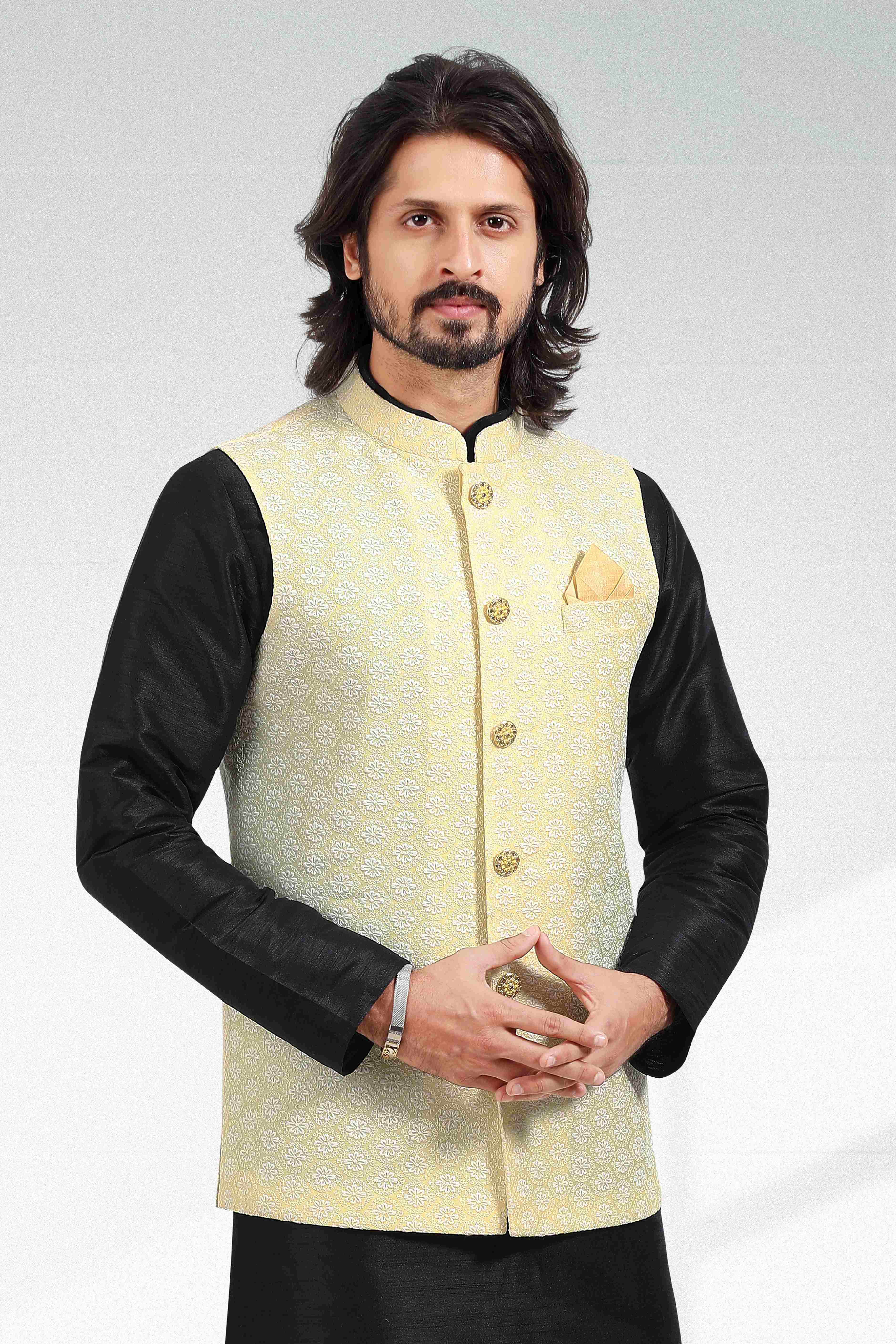Raivat Ethnic Art Banarasi Silk Thread Work 3 Pics Jacket Set In Yellow Colour