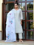 Vaasva Women's Grey Blue Linen Suit Set With Cutwork Dupatta