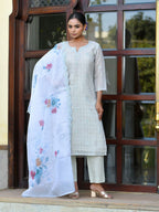 Vaasva Women's Grey Blue Linen Suit Set With Cutwork Dupatta