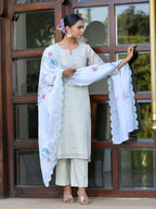 Vaasva Women's Grey Blue Linen Suit Set With Cutwork Dupatta